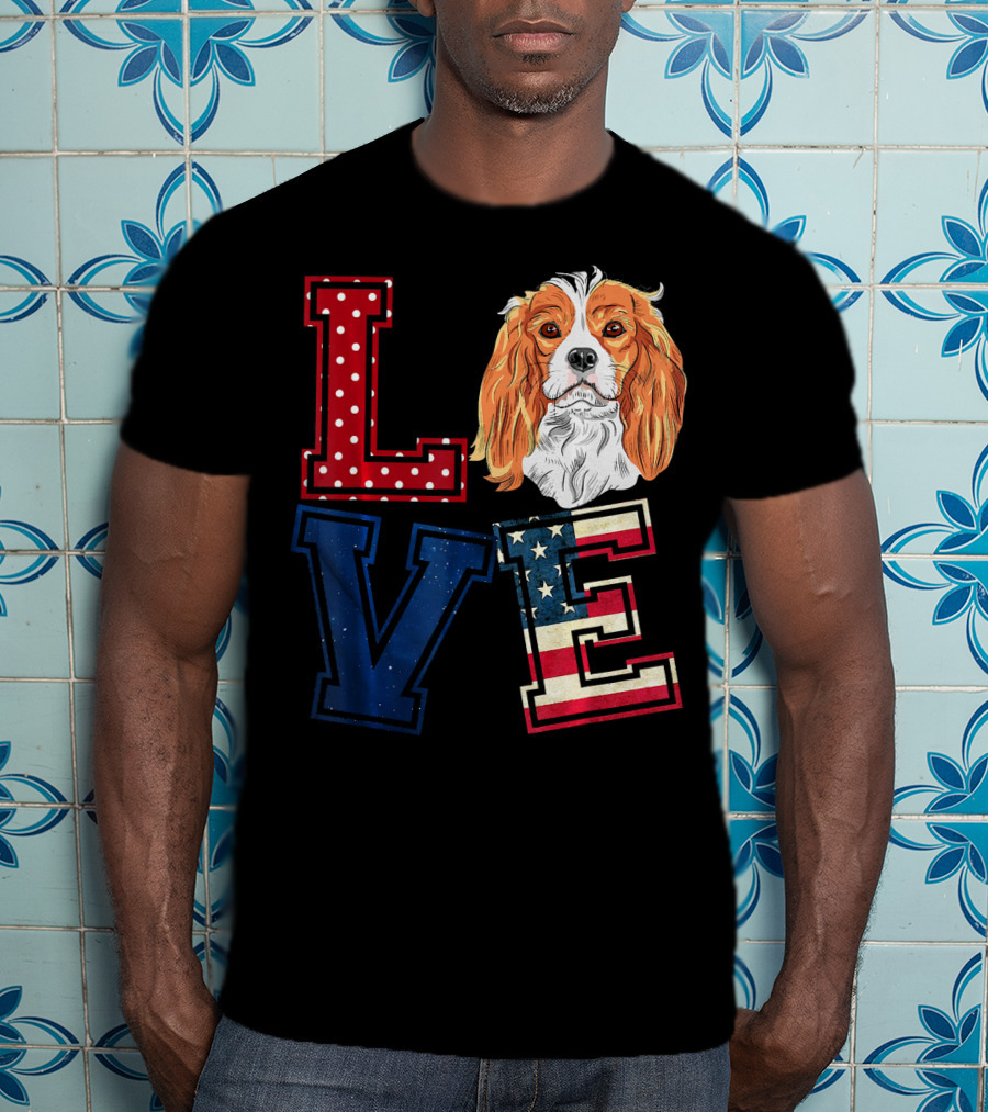 LOVE Cavalier King Charles Spaniel American Flag Face T-Shirt