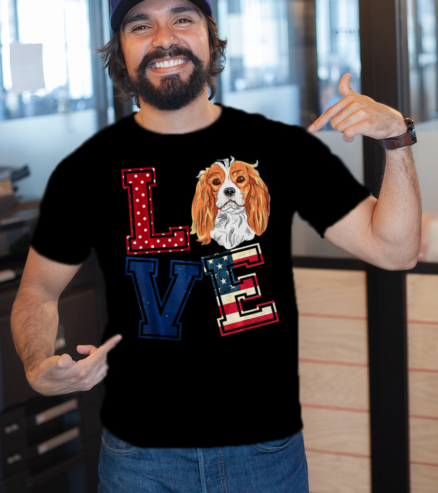 LOVE Cavalier King Charles Spaniel American Flag Face T-Shirt