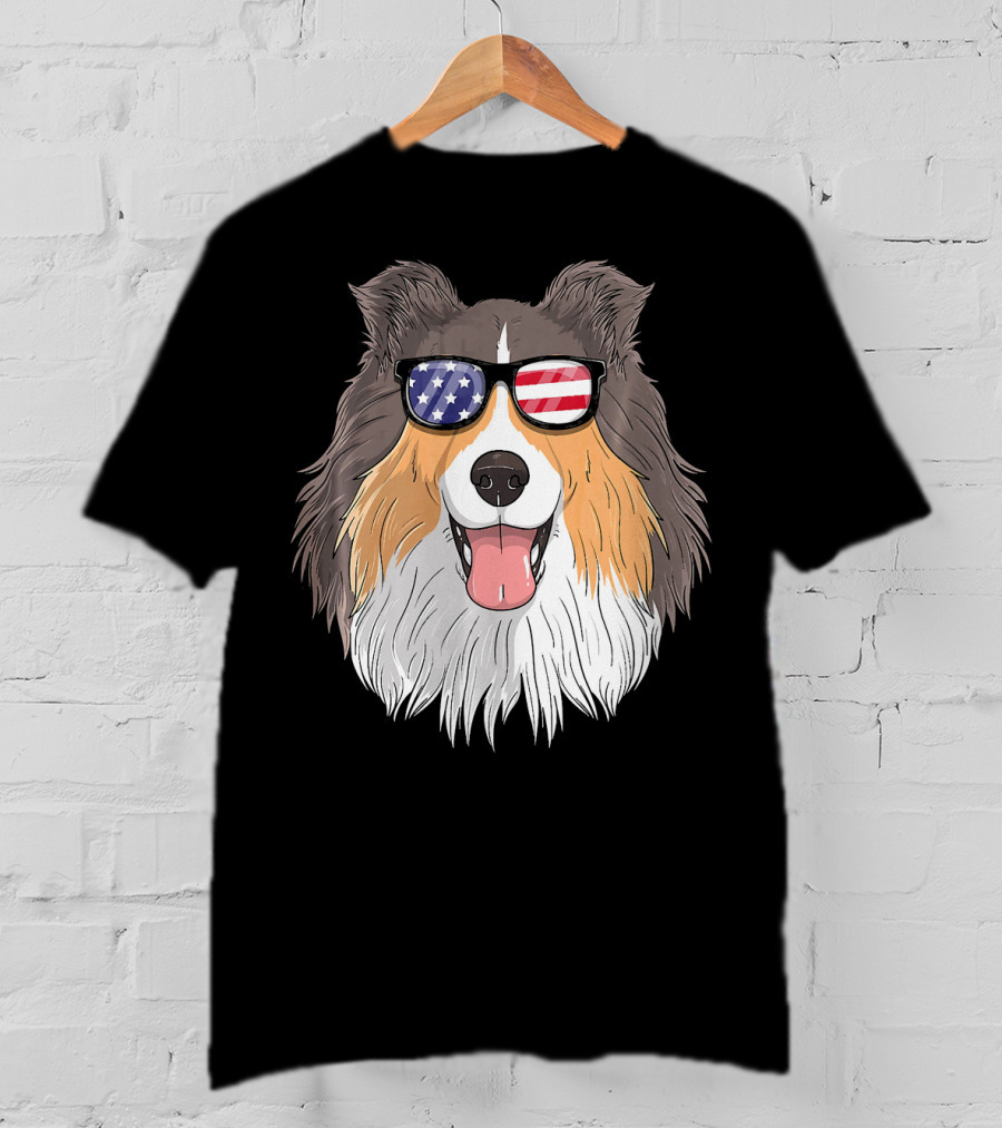 Shetland Sheepdog Patriotic Sheltie With American Flag Sunglasses T-Shirt