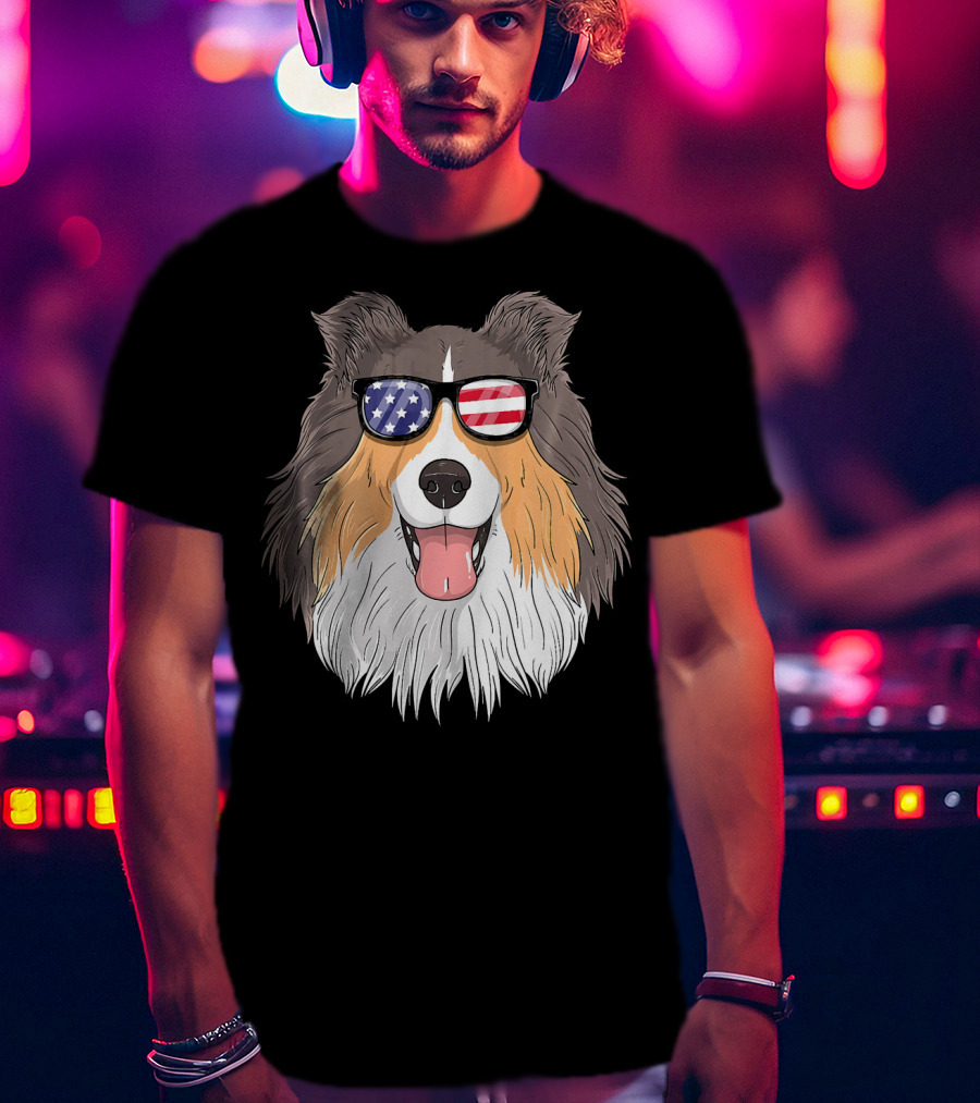 Shetland Sheepdog Patriotic Sheltie With American Flag Sunglasses T-Shirt
