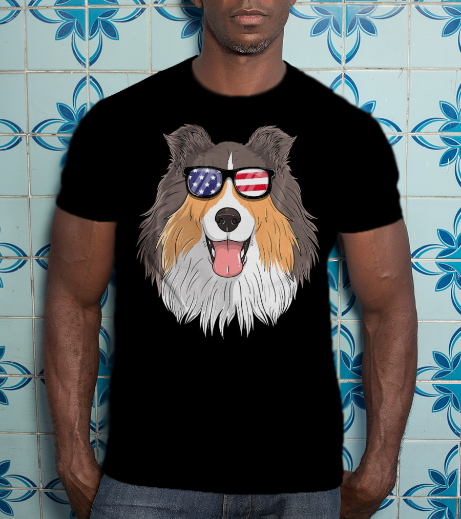 Shetland Sheepdog Patriotic Sheltie With American Flag Sunglasses T-Shirt