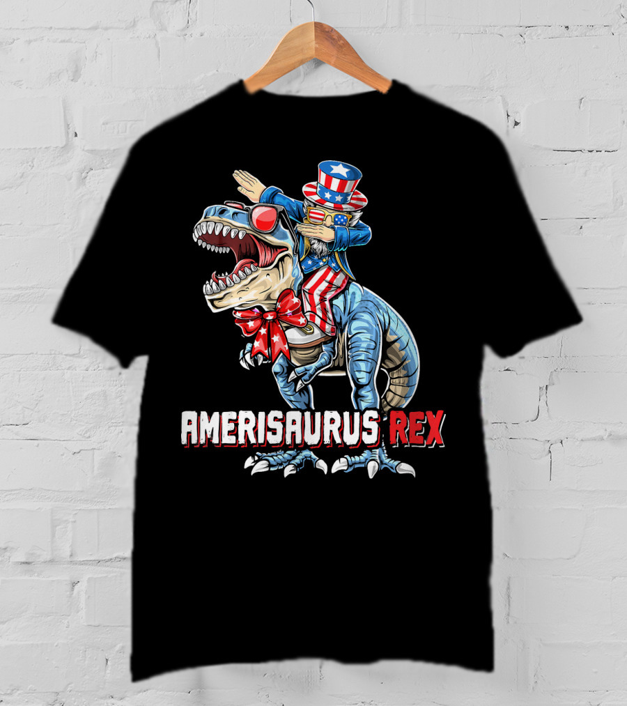 Amerisaurus Rex Dinosaur Dabbing Uncle Sam Patriotic Stars Stripes T-Shirt