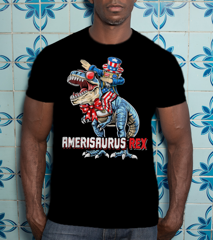 Amerisaurus Rex Dinosaur Dabbing Uncle Sam Patriotic Stars Stripes T-Shirt