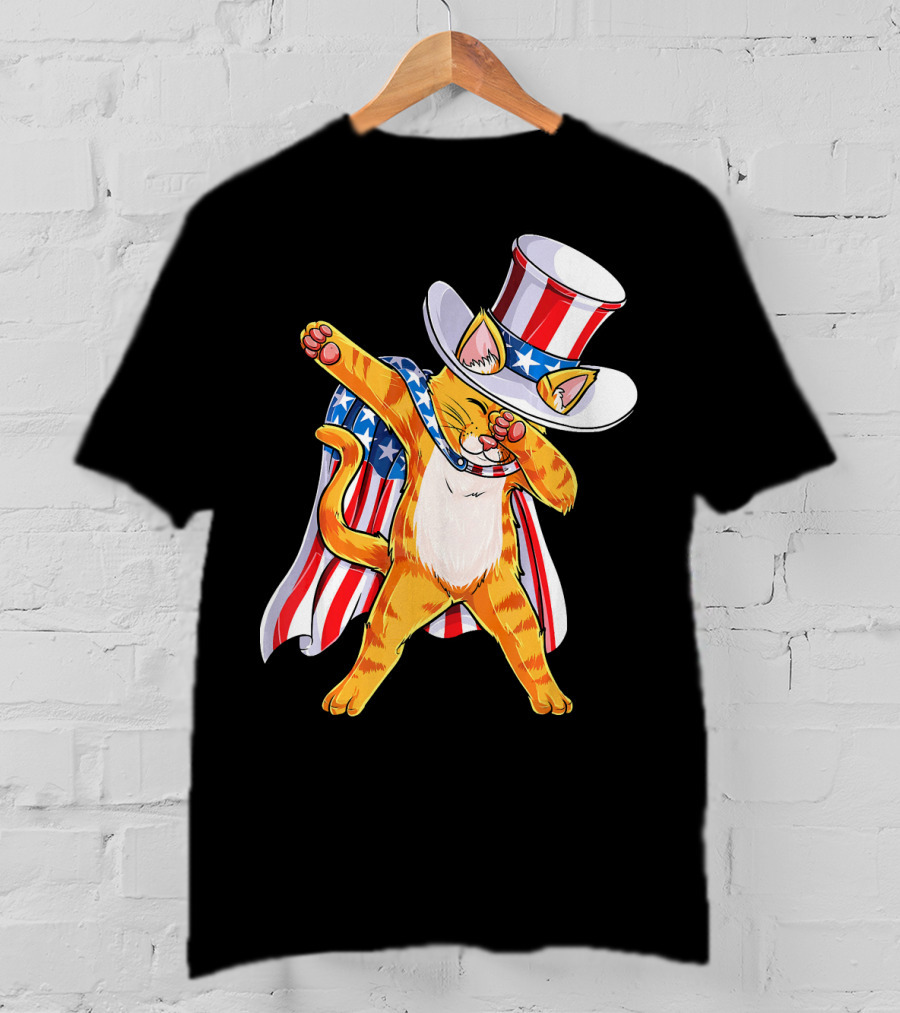 Meowica Cat Dabbing In Uncle Sam Hat And American Flag Cape T-Shirt