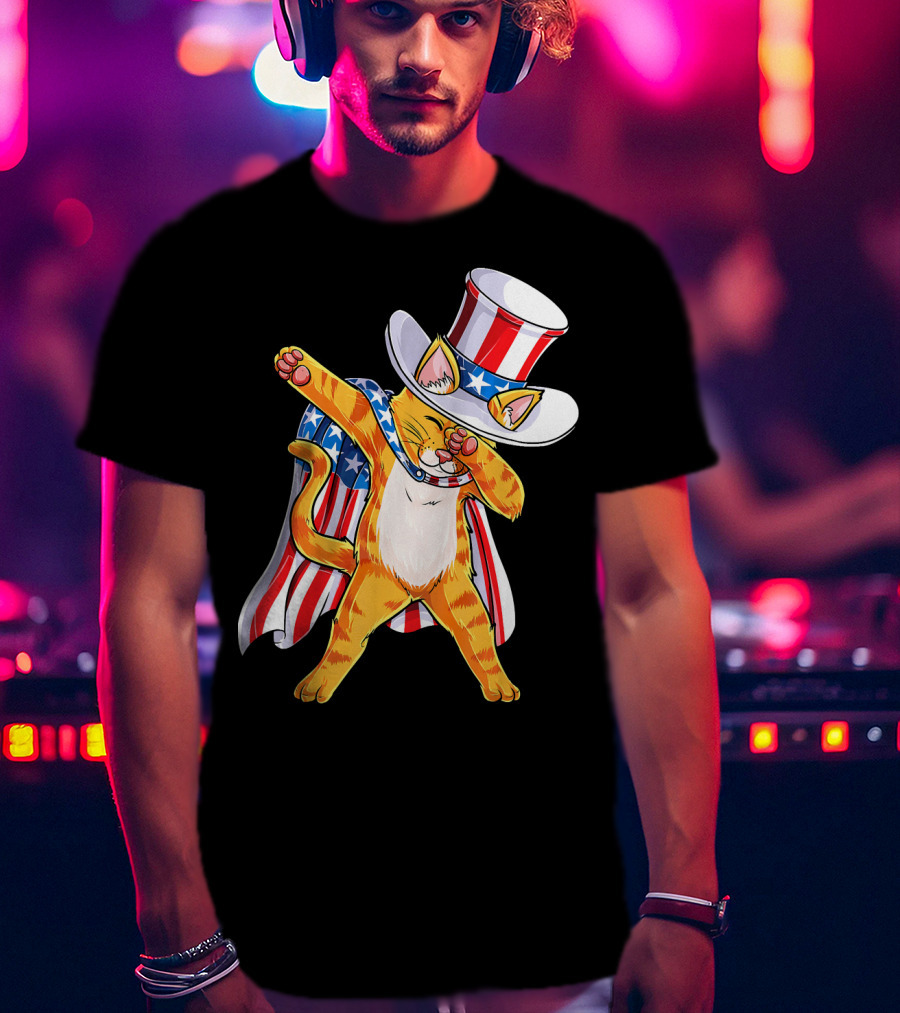 Meowica Cat Dabbing In Uncle Sam Hat And American Flag Cape T-Shirt