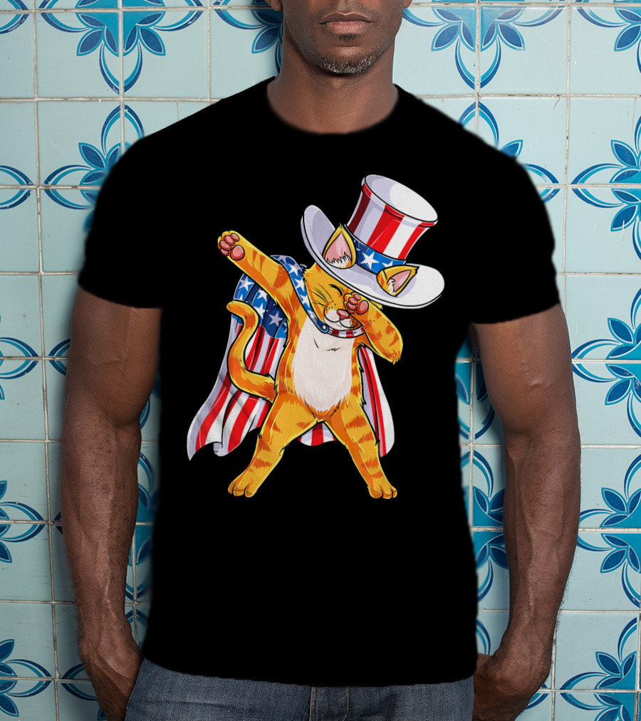Meowica Cat Dabbing In Uncle Sam Hat And American Flag Cape T-Shirt