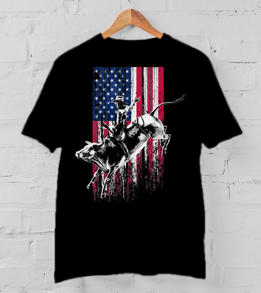 Patriotic American Flag Bull Rider Rodeo Scene T-Shirt