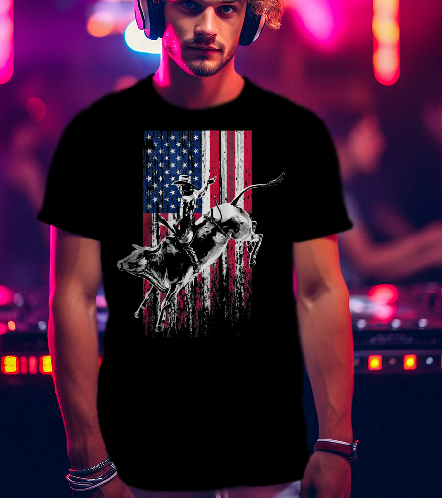 Patriotic American Flag Bull Rider Rodeo Scene T-Shirt