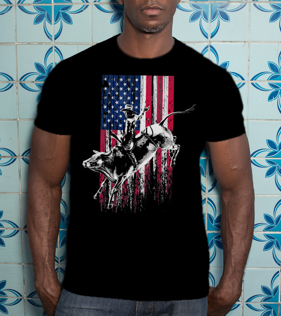 Patriotic American Flag Bull Rider Rodeo Scene T-Shirt