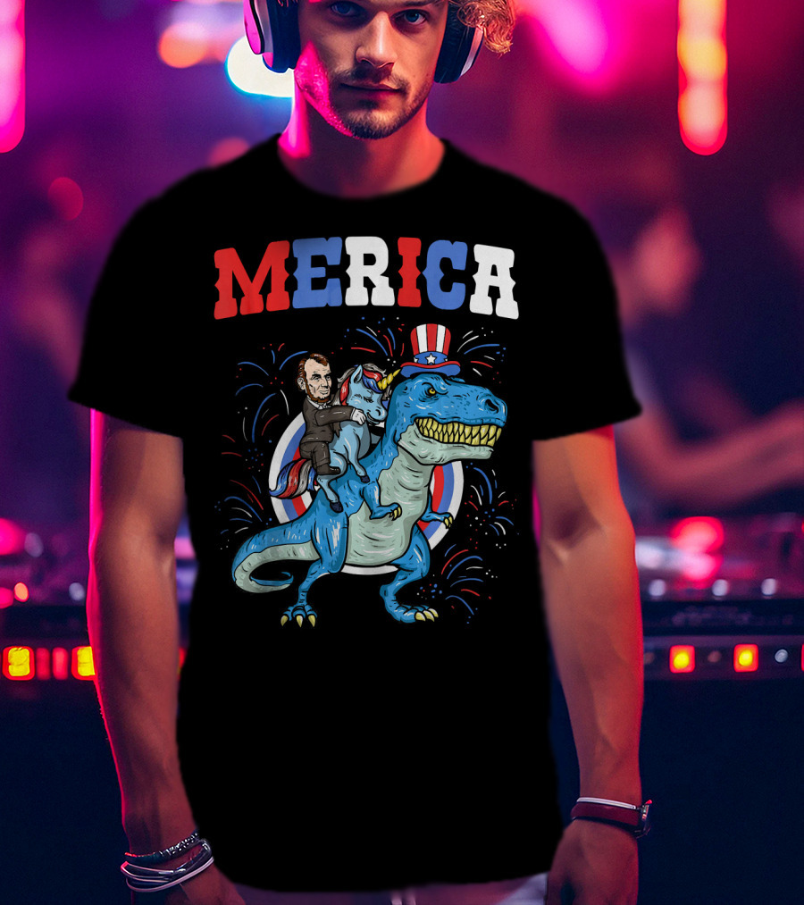 Merica Abe Lincoln Riding Unicorn On T-Rex With Patriotic Hat T-Shirt
