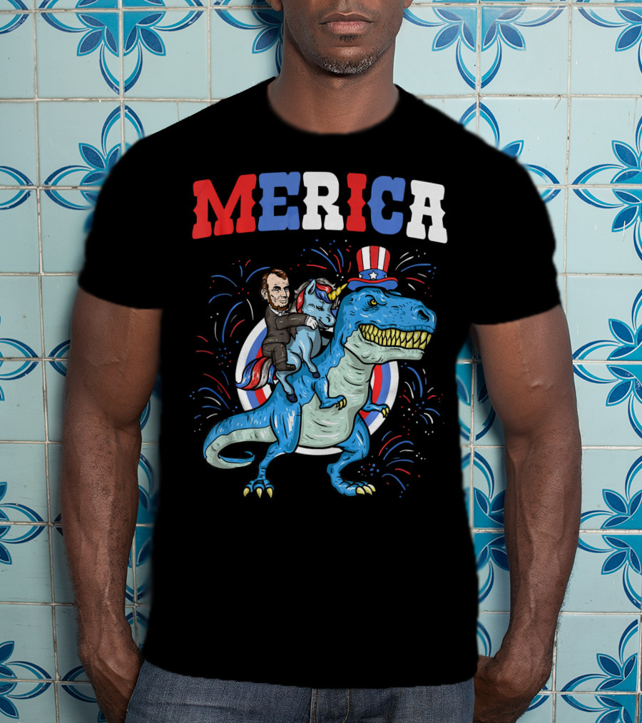 Merica Abe Lincoln Riding Unicorn On T-Rex With Patriotic Hat T-Shirt
