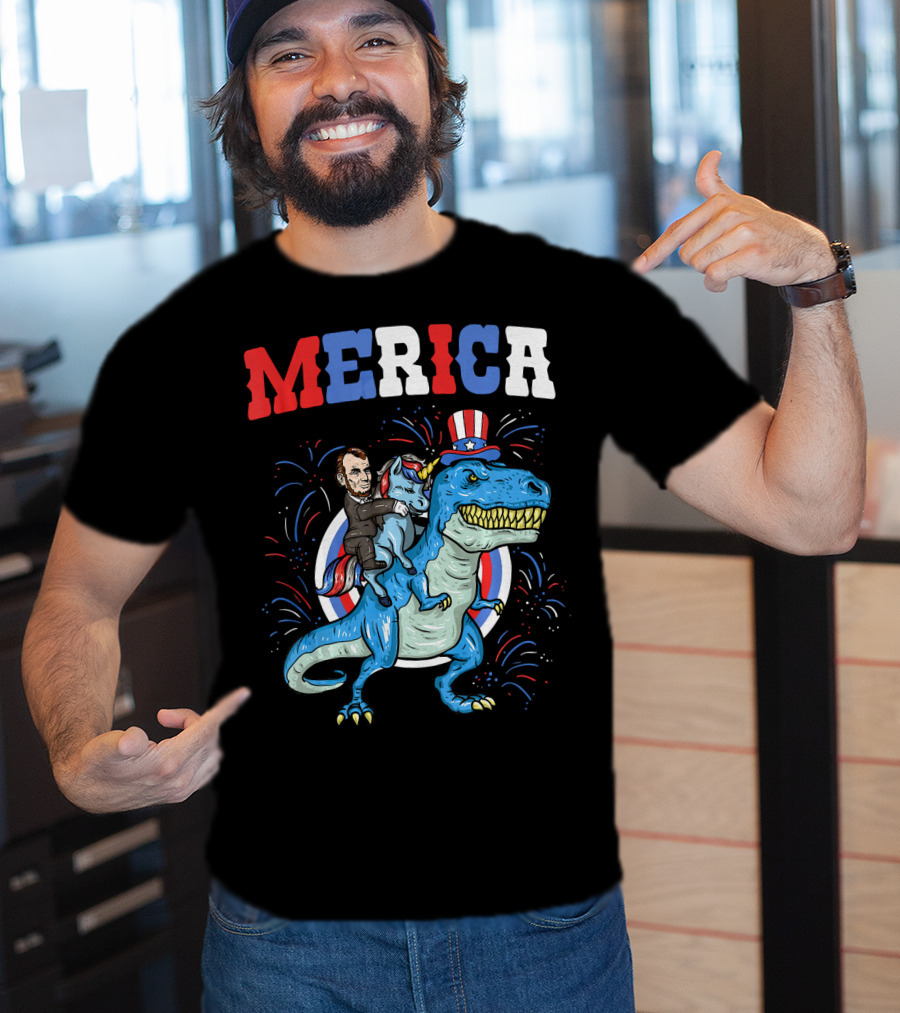 Merica Abe Lincoln Riding Unicorn On T-Rex With Patriotic Hat T-Shirt