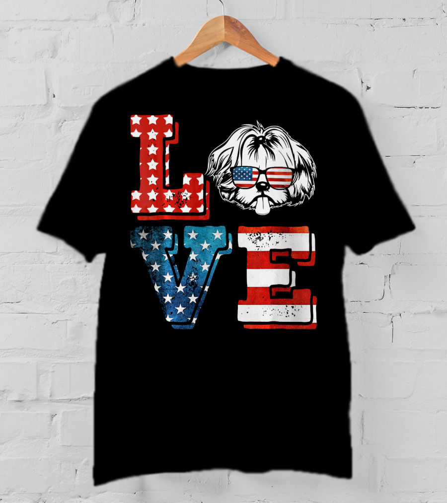Love Shih Tzu Patriotic American Flag Sunglasses T-Shirt