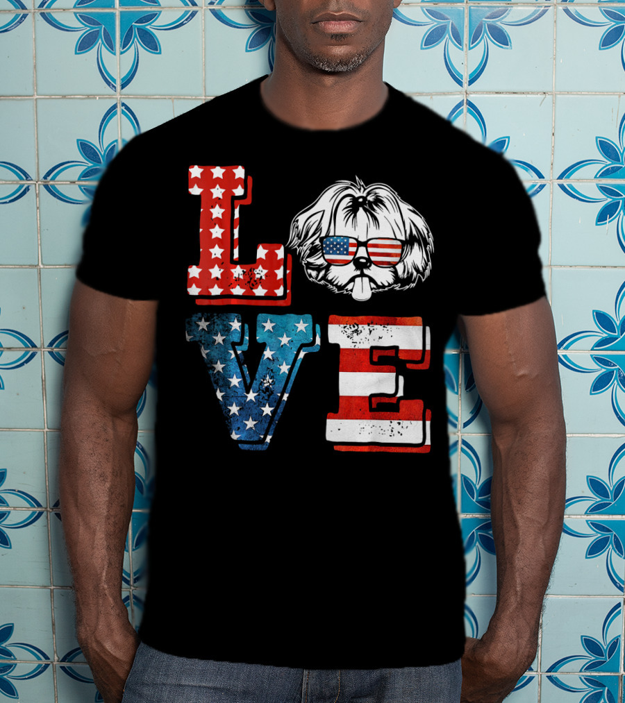 Love Shih Tzu Patriotic American Flag Sunglasses T-Shirt