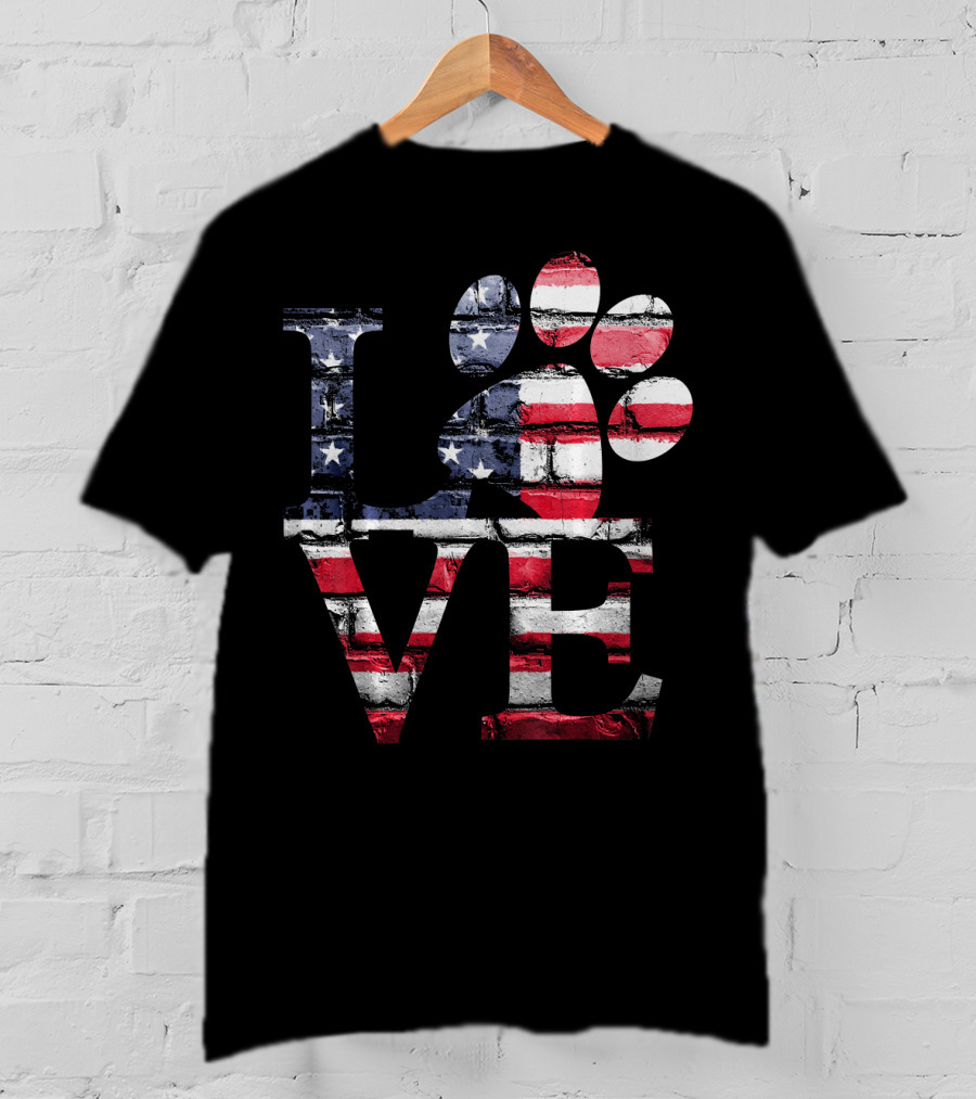 Patriotic Love USA Flag Style With Dog Paw T-Shirt