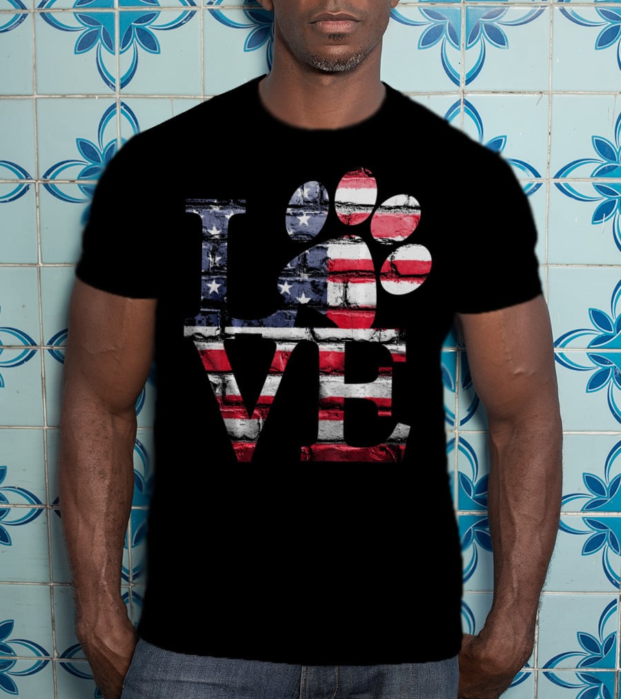 Patriotic Love USA Flag Style With Dog Paw T-Shirt
