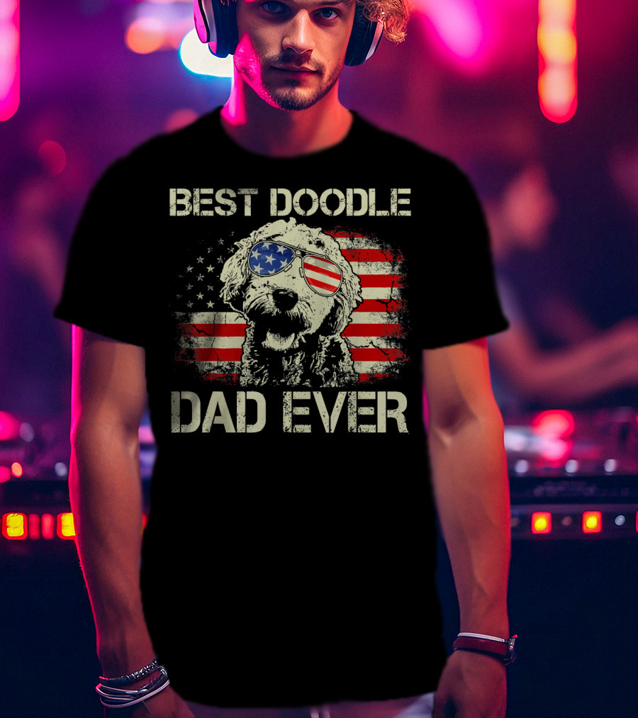 Best Doodle Dad Ever USA Flag Sunglasses Dog T-Shirt