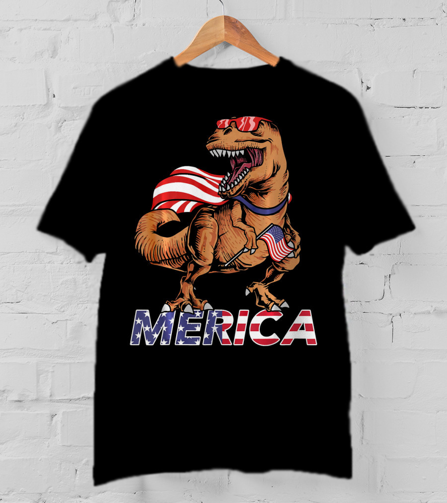 Merica T-Rex With American Flag Sunglasses And Cape T-Shirt