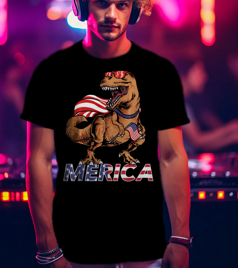 Merica T-Rex With American Flag Sunglasses And Cape T-Shirt