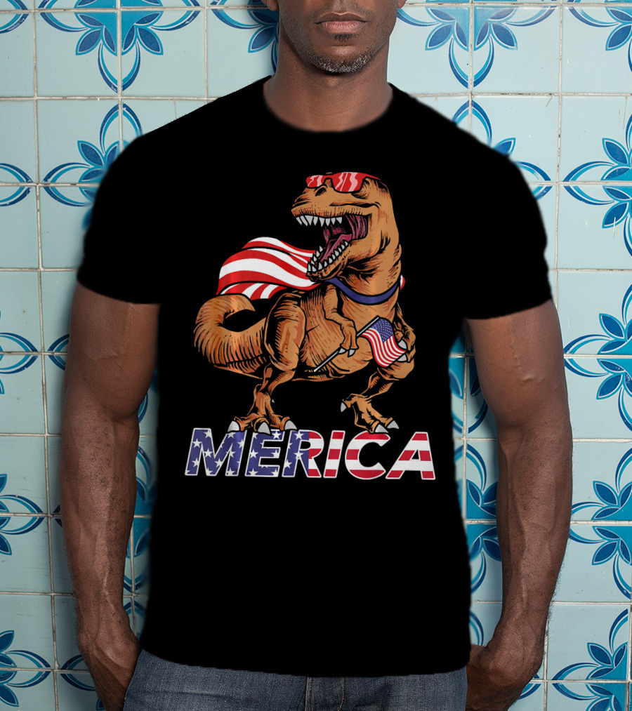Merica T-Rex With American Flag Sunglasses And Cape T-Shirt