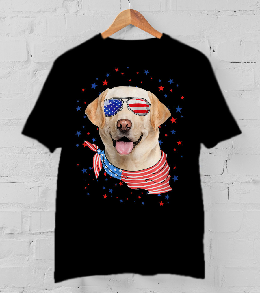 American Flag Labrador With Patriotic Sunglasses And Scarf Surrounded By Stars T-Shirt