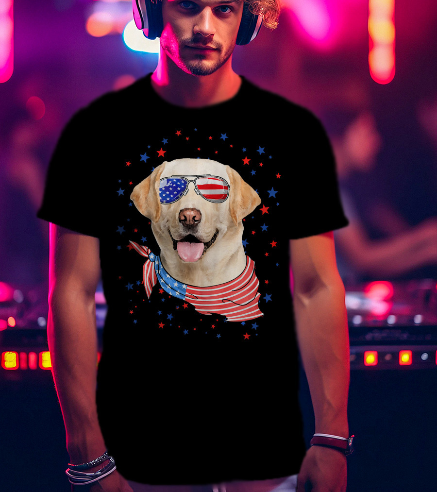 American Flag Labrador With Patriotic Sunglasses And Scarf Surrounded By Stars T-Shirt