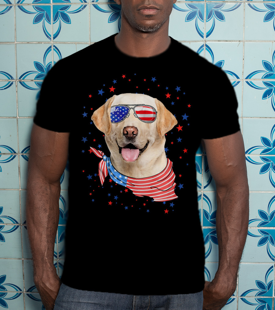 American Flag Labrador With Patriotic Sunglasses And Scarf Surrounded By Stars T-Shirt