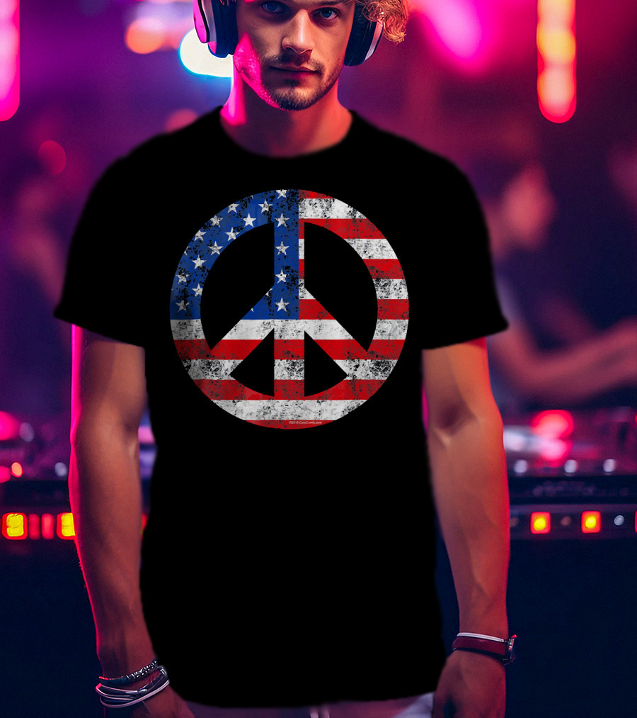Vintage Patriotic Peace Sign American Flag T-Shirt