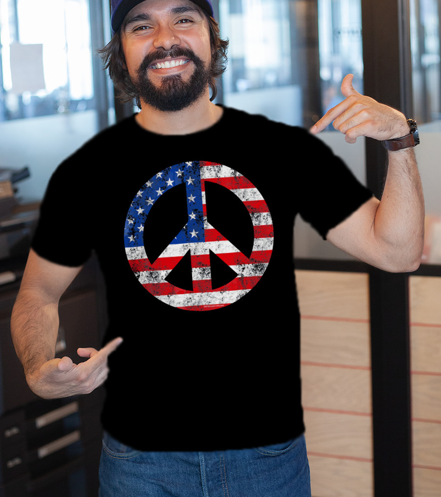 Vintage Patriotic Peace Sign American Flag T-Shirt