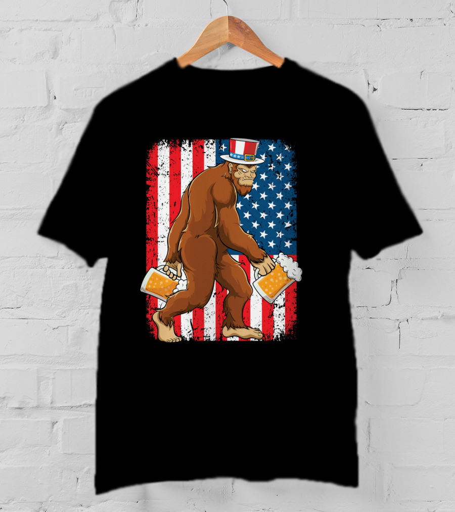 Bigfoot USA Flag Uncle Sam Hat With Beer T-Shirt
