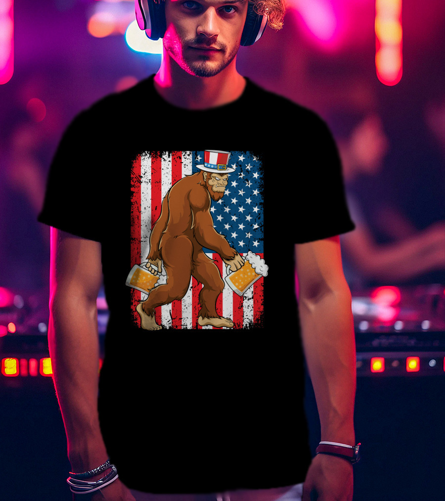 Bigfoot USA Flag Uncle Sam Hat With Beer T-Shirt
