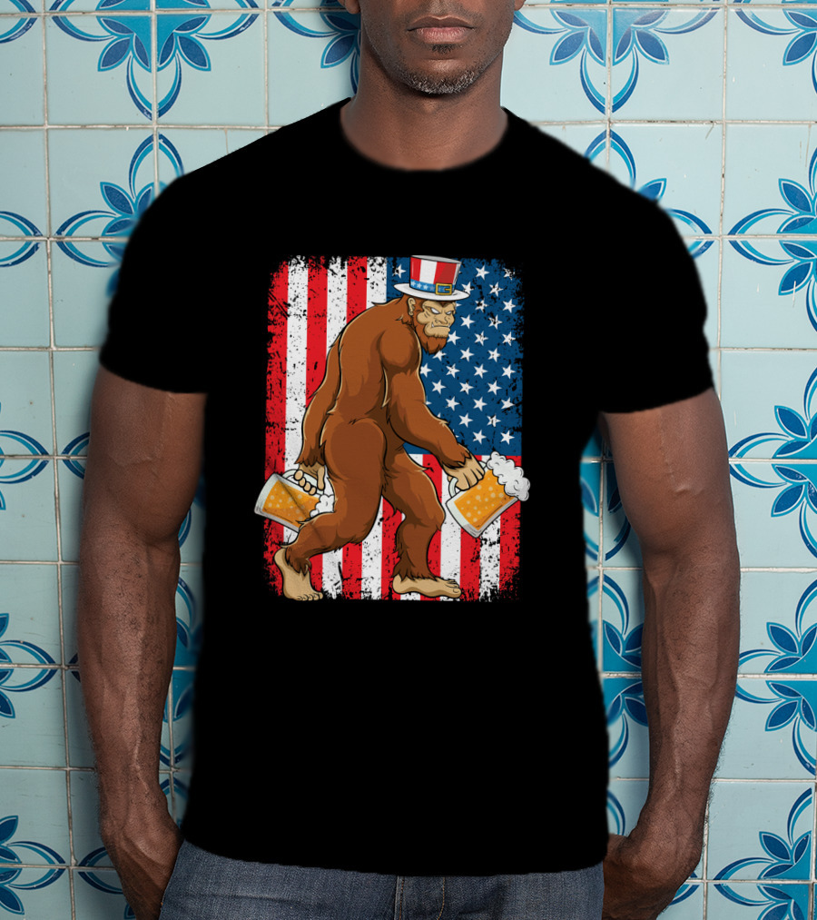 Bigfoot USA Flag Uncle Sam Hat With Beer T-Shirt
