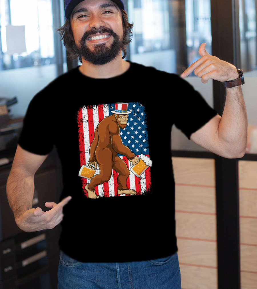 Bigfoot USA Flag Uncle Sam Hat With Beer T-Shirt