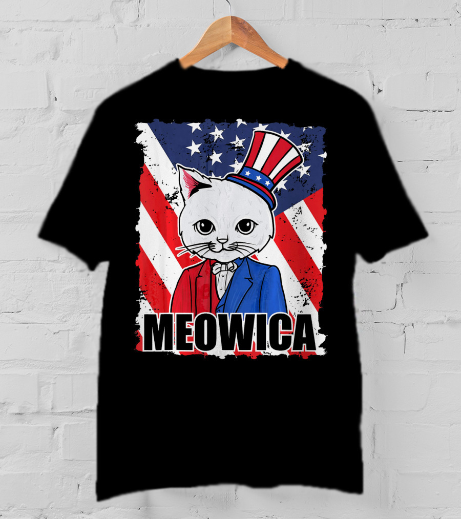 Meowica Cat With Uncle Sam Hat And American Flag Background T-Shirt