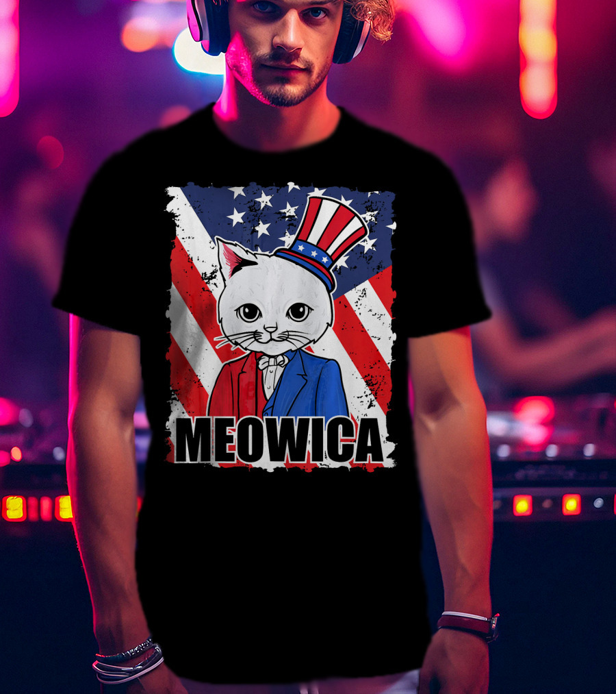 Meowica Cat With Uncle Sam Hat And American Flag Background T-Shirt