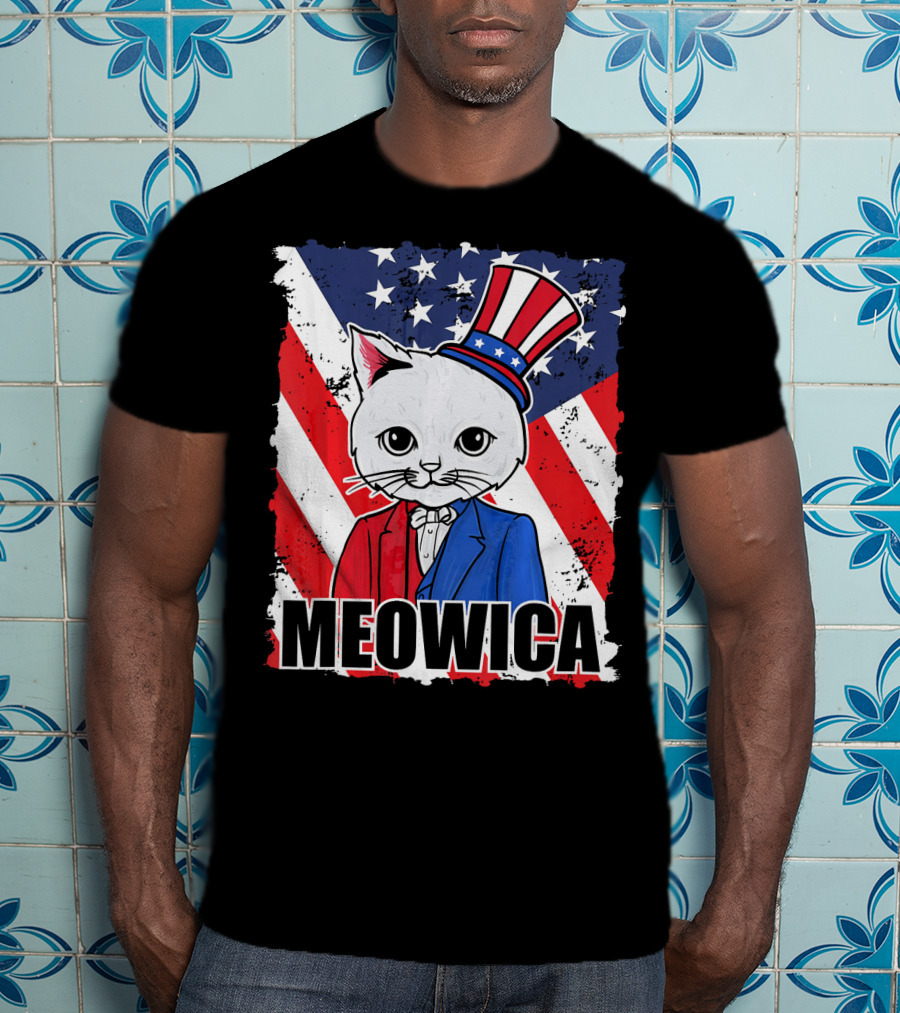 Meowica Cat With Uncle Sam Hat And American Flag Background T-Shirt