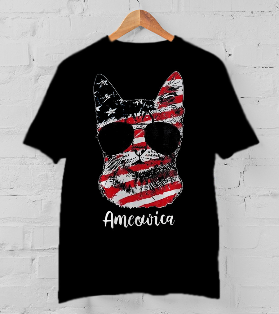 Ameowica Cat Wearing American Flag Pattern With Sunglasses T-Shirt
