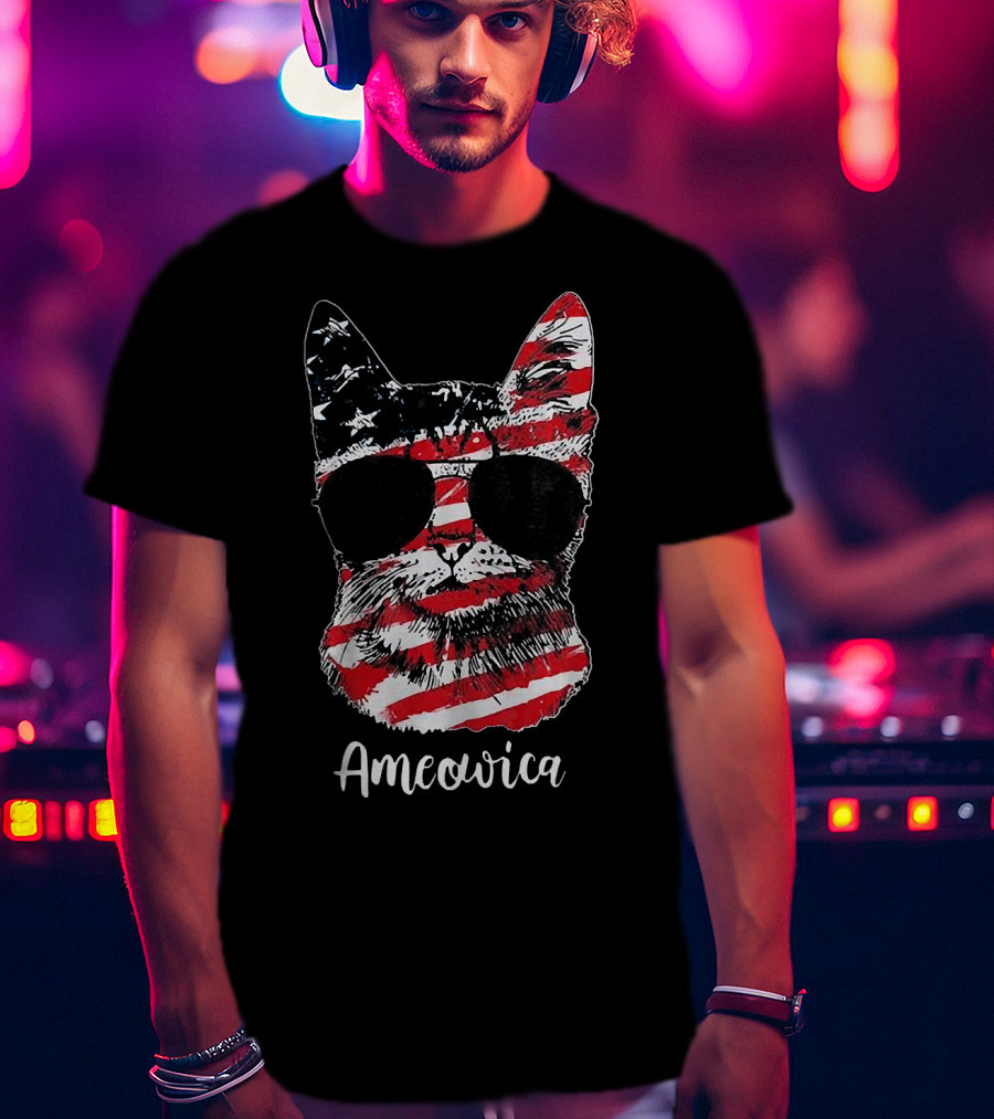 Ameowica Cat Wearing American Flag Pattern With Sunglasses T-Shirt