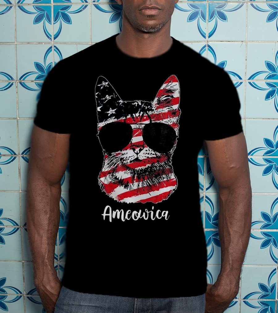Ameowica Cat Wearing American Flag Pattern With Sunglasses T-Shirt