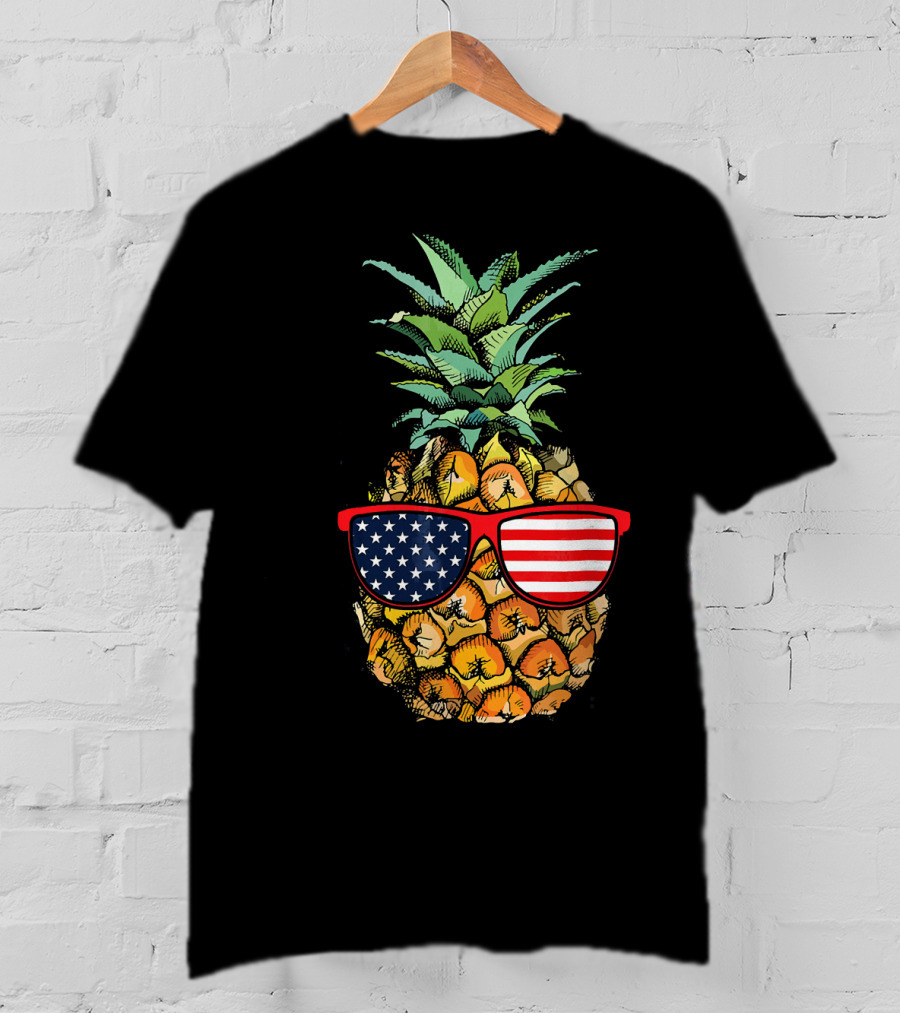 Funny Pineapple With American Flag Glasses Fourth Of July T-Shirt