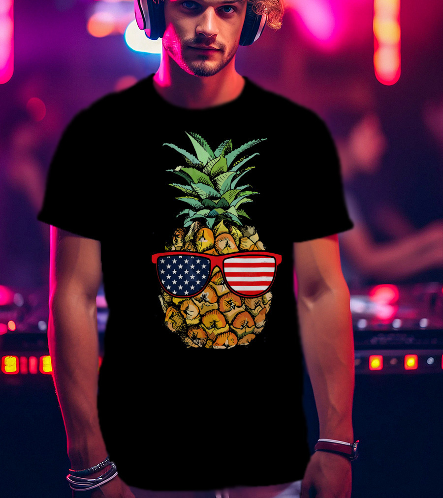 Funny Pineapple With American Flag Glasses Fourth Of July T-Shirt
