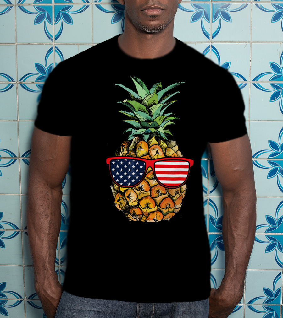 Funny Pineapple With American Flag Glasses Fourth Of July T-Shirt