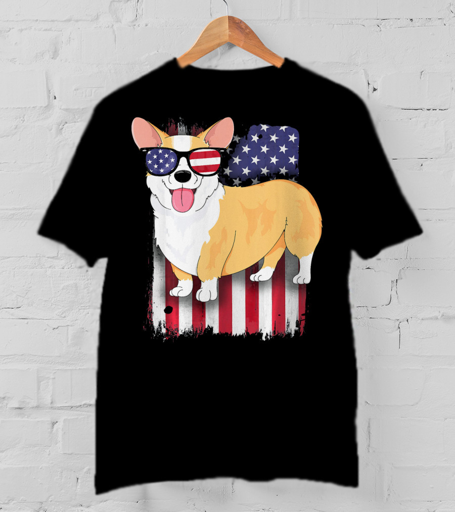 Corgi American Flag Sunglasses Patriotic Spirit T-Shirt