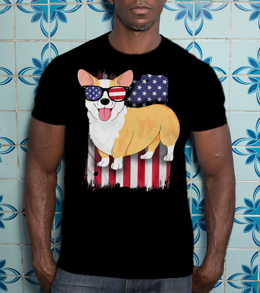 Corgi American Flag Sunglasses Patriotic Spirit T-Shirt