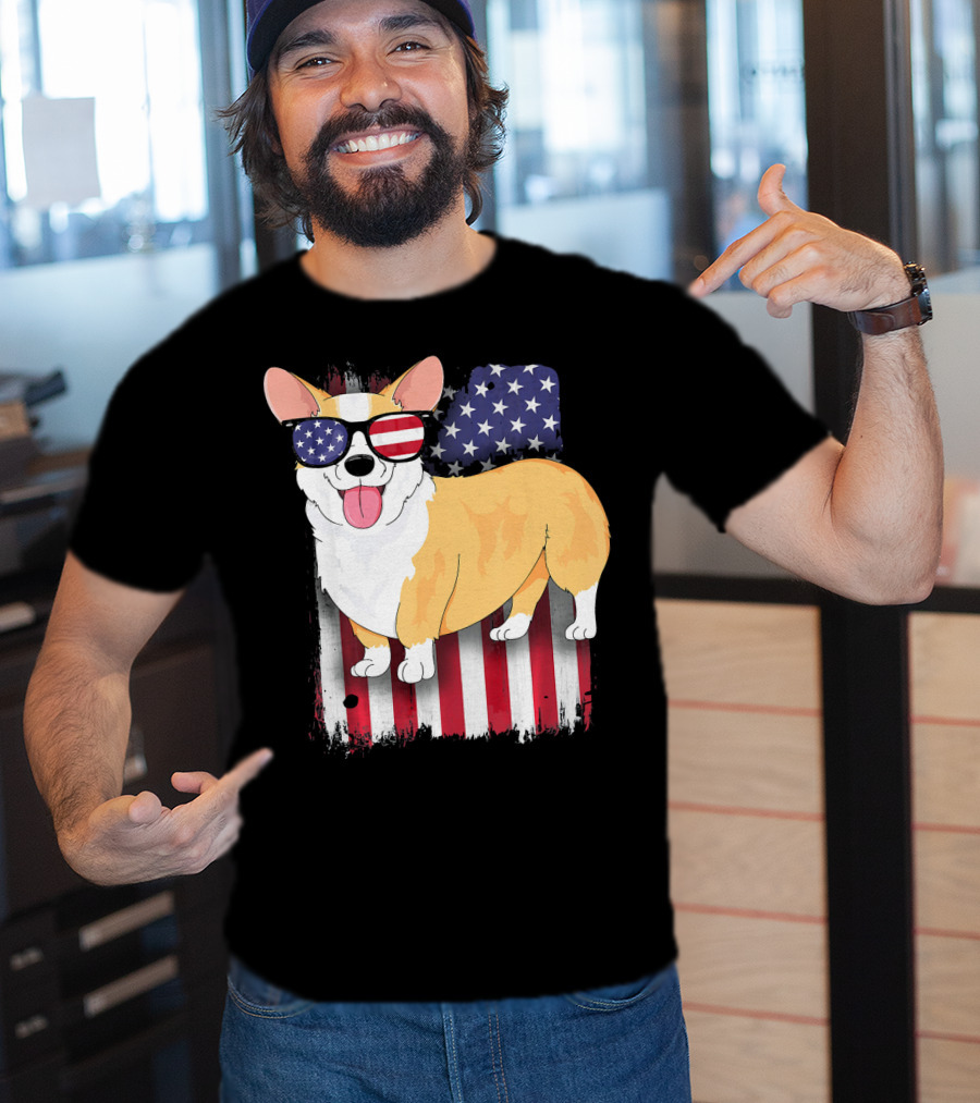 Corgi American Flag Sunglasses Patriotic Spirit T-Shirt