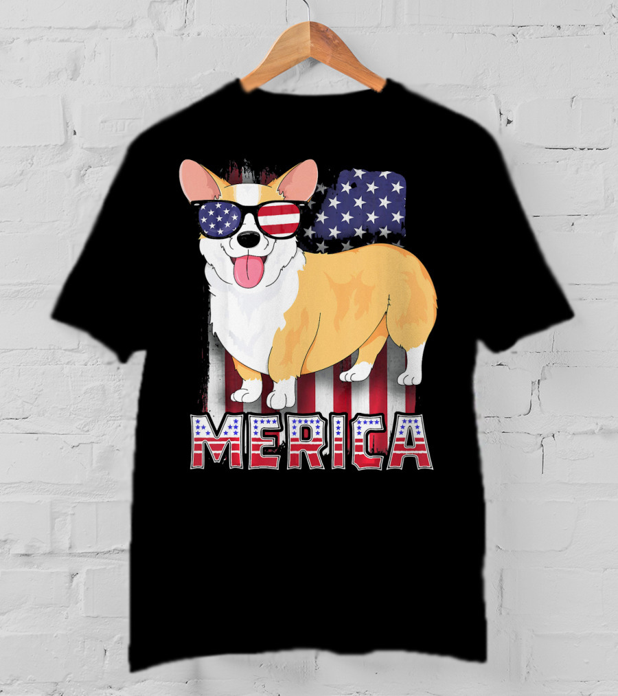 Corgi USA Merica Boys Patriotic Dog American Flag Sunglasses T-Shirt