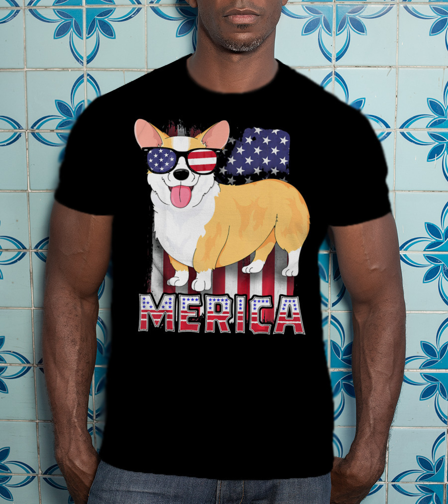 Corgi USA Merica Boys Patriotic Dog American Flag Sunglasses T-Shirt
