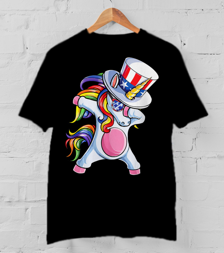 Dabbing Unicorn With Patriotic Uncle Sam Hat And Rainbow Mane T-Shirt