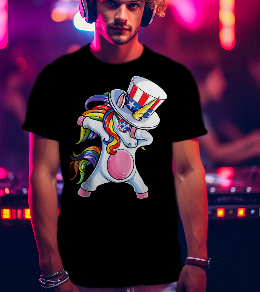 Dabbing Unicorn With Patriotic Uncle Sam Hat And Rainbow Mane T-Shirt
