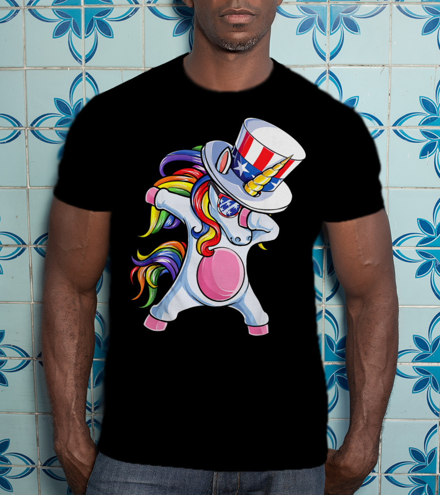 Dabbing Unicorn With Patriotic Uncle Sam Hat And Rainbow Mane T-Shirt